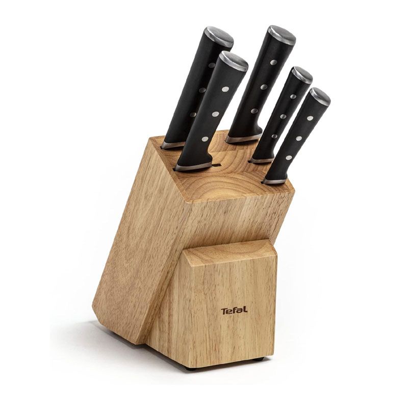 Tefal Ice Force Wooden Block with 5 Knives: Chef Knife 20 cm, Bread Knife 20 cm, Santoku Knife 18 cm, Paring Knife 11 cm, Carving Knife 9 cm